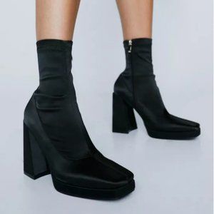 Nasty Gal Black Satin Square Toe Ankle Sock Boots | SIZE 5